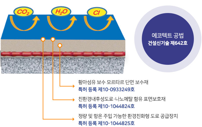 에코텍트 공법 건설신기술 제642호-황마섬유 보수 모르타르 단면 보수재(특허등록 제10-0933249호),친환경내후성도료·나노메탈 함유 표면보호재(특허 등록 제10-1044824호), 정량 및 항온 주입 가능한 환경친화형 도료 공급장치(특허 등록 제10-1044825호)